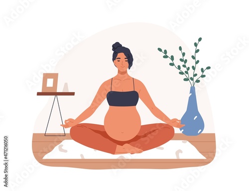 Pregnant woman meditating, sitting in yoga pose with legs crossed. Relaxing meditation exercise during pregnancy. Calm mother with belly in asana. Flat vector illustration isolated on white background