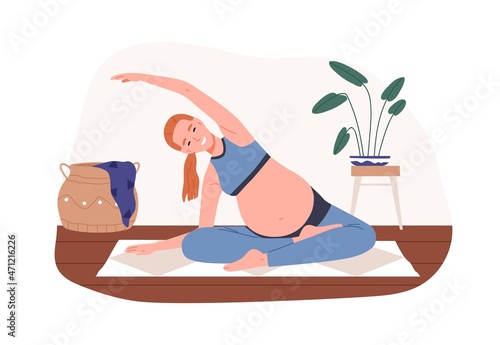 Pregnant woman practicing yoga exercise in seated position with legs crossed. Mom stretching arm overhead during pregnancy. Prenatal gymnastics. Flat vector illustration isolated on white background