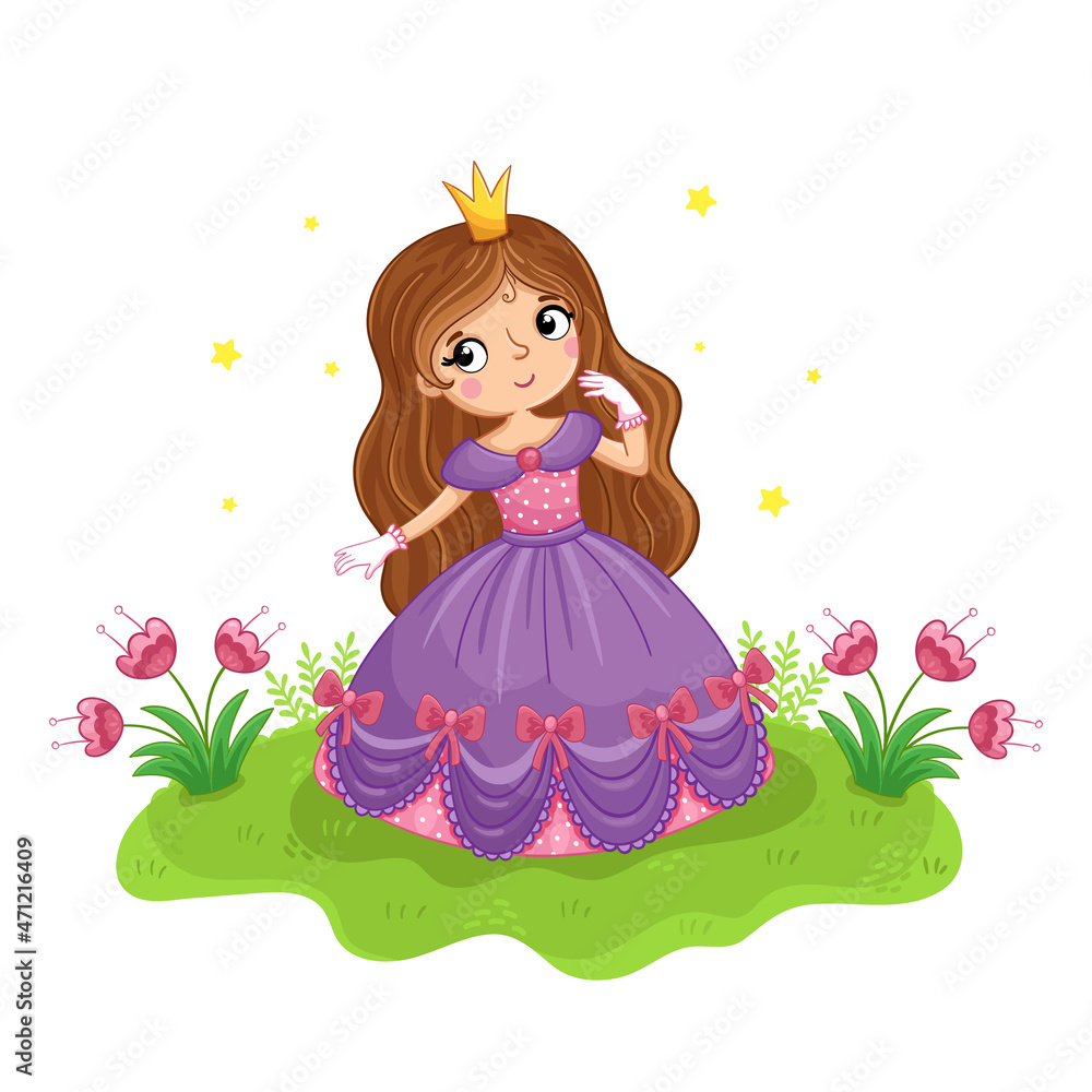Cute girl in a cartoon style. Princess in a purple beautiful dress stand in a meadow. Vector illustration.
