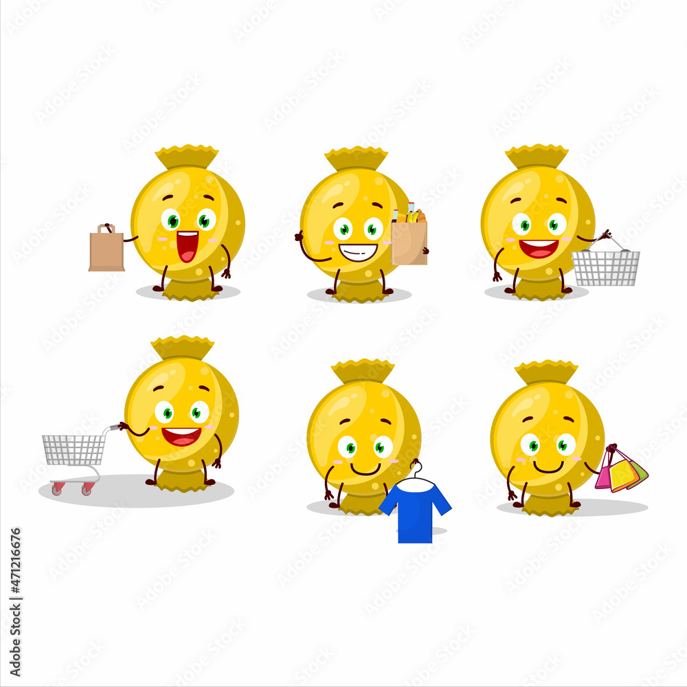 A Rich yellow candy wrap mascot design style going shopping