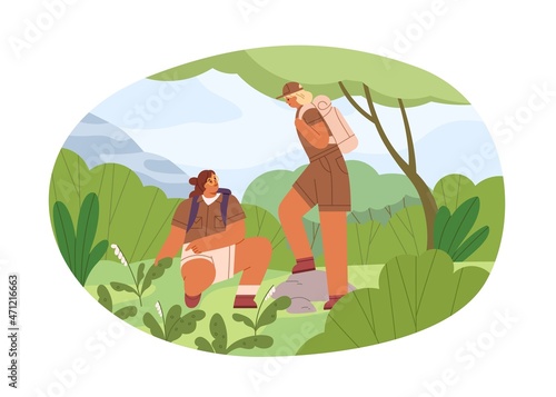 Botanists exploring nature and plants. Women biologists studying environment ...