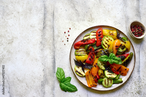 Grilled colorful vegetable : bell pepper, zucchini, eggplant. Top view with copy space.
