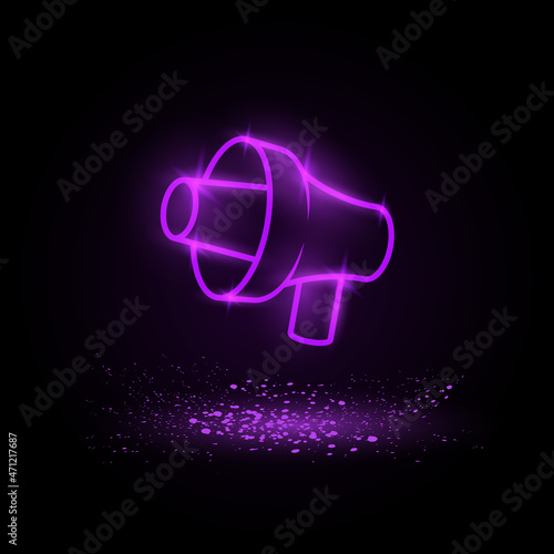Megaphone neon linear icon. Promotion conceptual purple neon icon on black background with grain shadow
