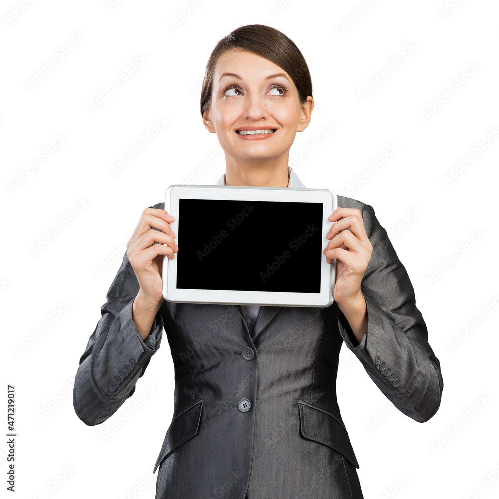 Businesswoman with tablet computer looking upwards Businesswoman with tablet computer looking upwards