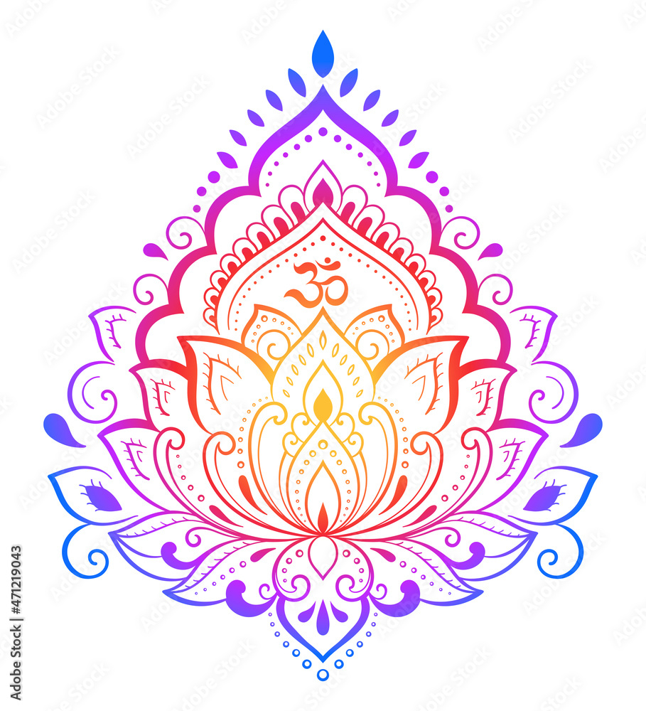 Colorful floral pattern for Mehndi and Henna drawing. Hand-draw lotus flower symbol. Decoration in ethnic oriental, Indian style. Rainbow design on white background.