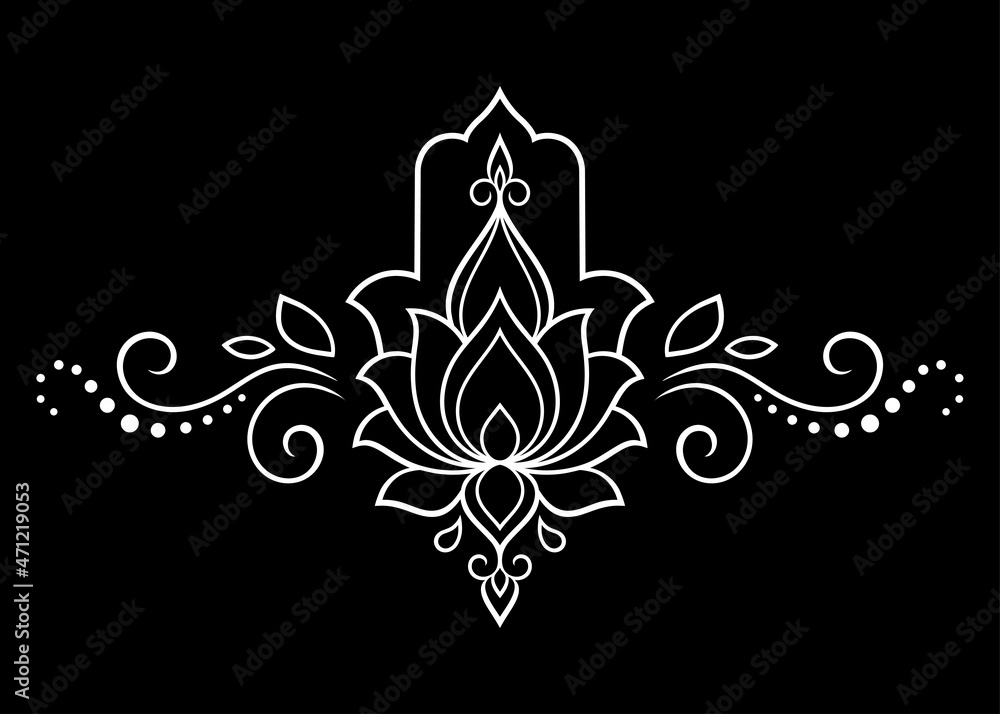 Hamsa hand drawn symbol with Lotus flower. Decorative pattern in oriental style for interior decoration and henna drawings. The ancient sign of 