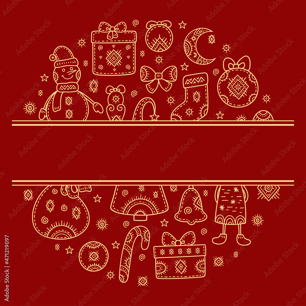 Christmas and New year greetings. Round decorative pattern made of holiday symbols. Snowman, gift, Christmas tree, deer, mitten, ball, stocking, bell, snowflake and other signs. Frame for inscription Christmas and New year greetings. Round decorative pattern made of holiday symbols. Snowman, gift, Christmas tree, deer, mitten, ball, stocking, bell, snowflake and other signs. Frame for inscription