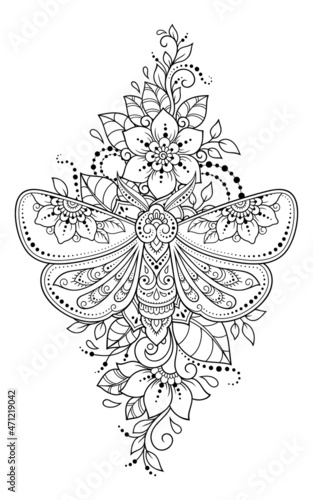 Moth decorated with Indian ethnic floral vintage pattern. Hand drawn decorative insect in doodle style. Stylized mehndi ornament for tattoo, print, design for room, cover, book and coloring page.