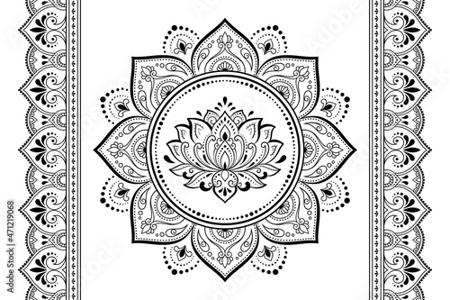 Seamless pattern of mehndi lotus flower and border for Henna drawing and tattoo. Decorative doodle ornament in ethnic oriental, Indian style. Outline hand draw vector illustration.