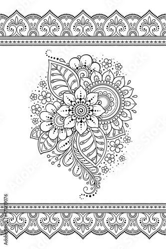Seamless pattern of mehndi flower and border for Henna drawing and tattoo. Decorative doodle ornament in ethnic oriental, Indian style. Outline hand draw vector illustration.