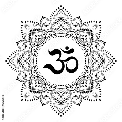 Circular pattern in form of mandala for with flower Henna, Mehndi, tattoo, decoration. Decorative ornament in oriental style with ancient Hindu mantra OM. Outline doodle vector illustration.
