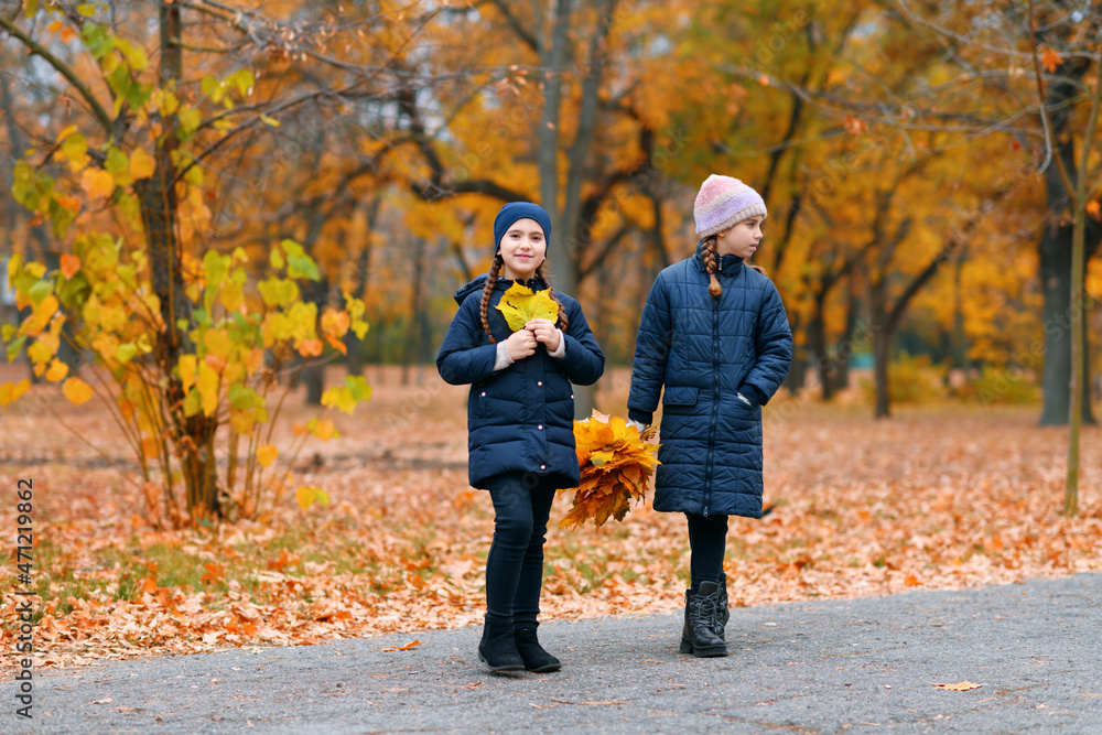 Girls playing and posing in autumn city park. Two children plays with yellow maple leaves. Fall season, beautiful nature with yellow trees. Girls playing and posing in autumn city park. Two children plays with yellow maple leaves. Fall season, beautiful nature with yellow trees.
