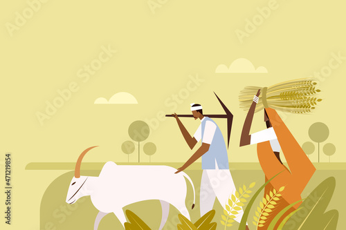 Illustration of a man and a woman of Indian ethnicity walking along with a bullock through the farm