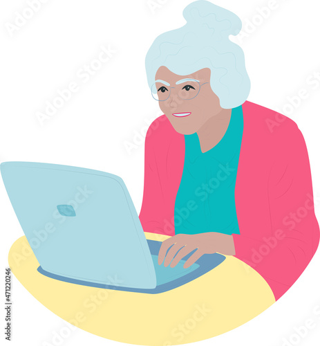 Elderly woman, grandmother with computer, laptop. Vector illustration