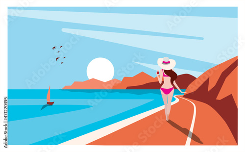 road and mountain vector illustration on the theme of summer holidays. beautiful young tanned girl in a bikini sunbath on the beach.tanned young girl in a Pink swimsuit and hat sunbathes on the beach