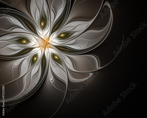 Abstract fractal flower on black background. Copy space