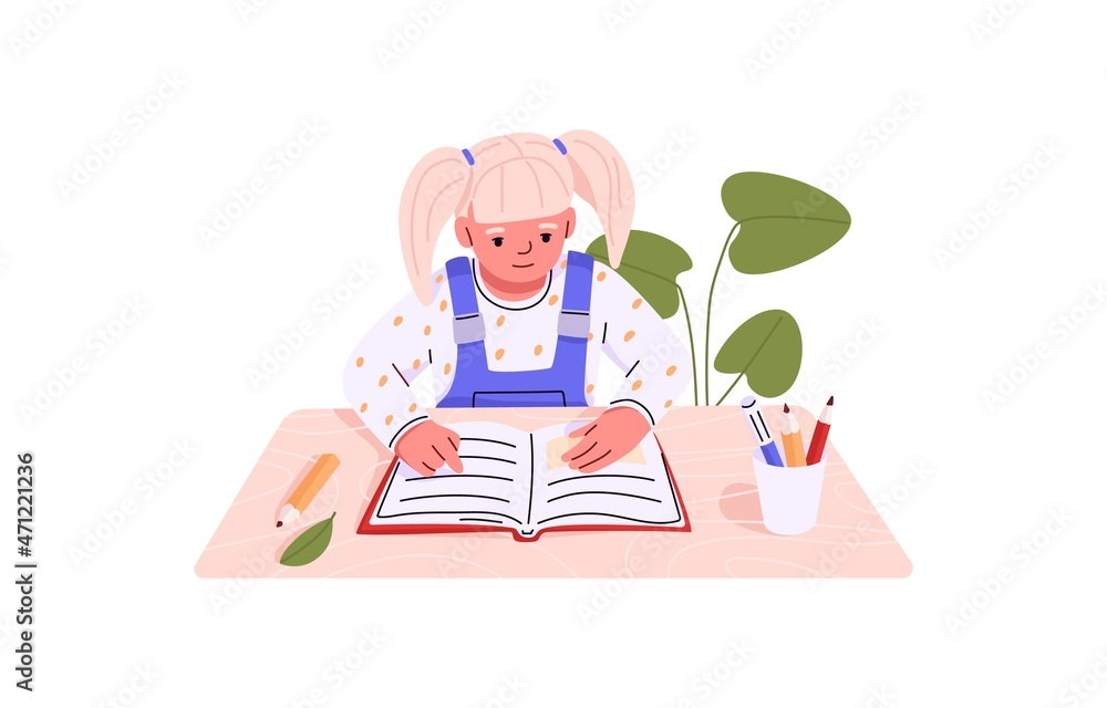 Girl reading book, sitting at desk. School child studying at table. Schoolkid doing homework at home. Diligent pupil with textbook. Colored flat vector illustration isolated on white background Girl reading book, sitting at desk. School child studying at table. Schoolkid doing homework at home. Diligent pupil with textbook. Colored flat vector illustration isolated on white background