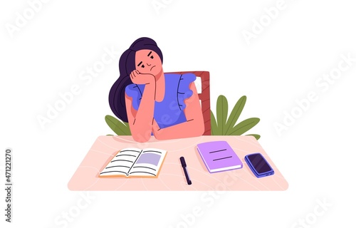 Bored tired student sitting at desk. Sad depressed high school girl feeling boredom. Unhappy fatigue teen pupil with books and phone on table. Flat vector illustration isolated on white background