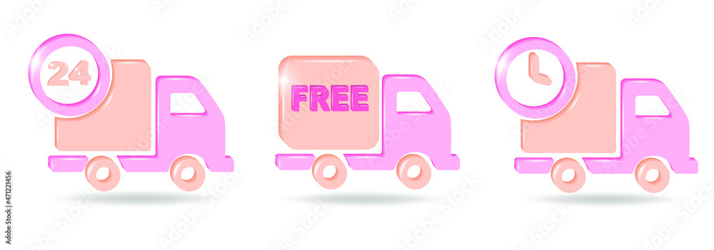 Set of delivery icon. Free Shipping, 24 hour delivery symbol, fast logistic lorry. 3d vector in pink and coral colors isolated on white background. Set of delivery icon. Free Shipping, 24 hour delivery symbol, fast logistic lorry. 3d vector in pink and coral colors isolated on white background.
