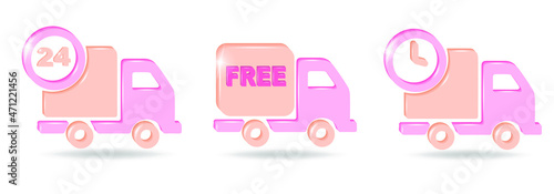 Set of delivery icon. Free Shipping,  24 hour delivery symbol, fast logistic lorry. 3d vector in pink and coral colors isolated on white background.