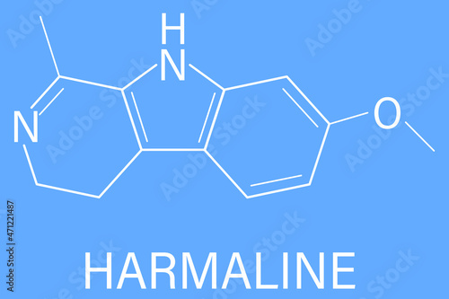 Harmaline indole alkaloid molecule. Found in Syrian rue (Peganum harmala). Skeletal formula. photo