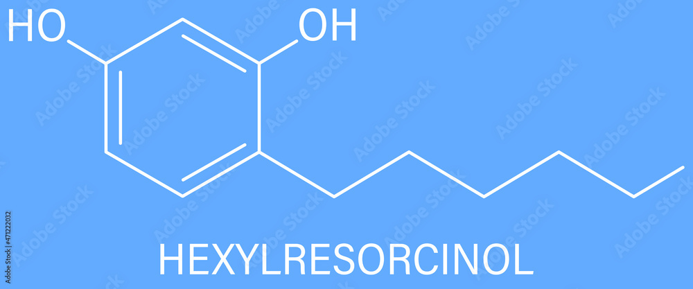 Hexylresorcinol molecule. Has anaesthetic, antiseptic and anthelmintic properties. Skeletal formula. Hexylresorcinol molecule. Has anaesthetic, antiseptic and anthelmintic properties. Skeletal formula.