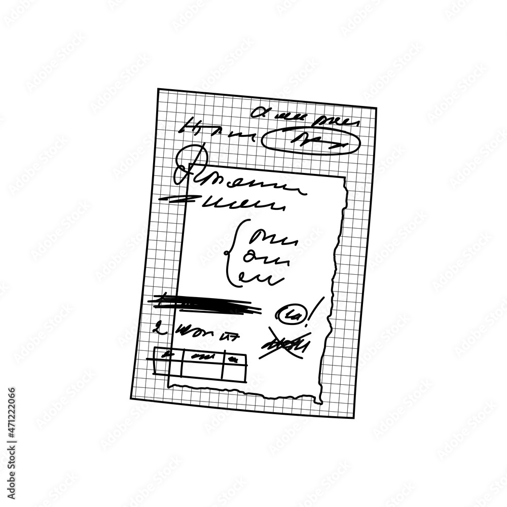 Doodle checkered sheet with notes, handwriting, blots. Hand-drawn torn paper over lined paper. Vector illustration of a sheet of notepad filled with abstract text. To do list bracketed isolated.