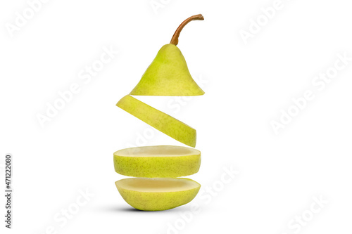 Slice of flying pear fruit isolated on white background in studio