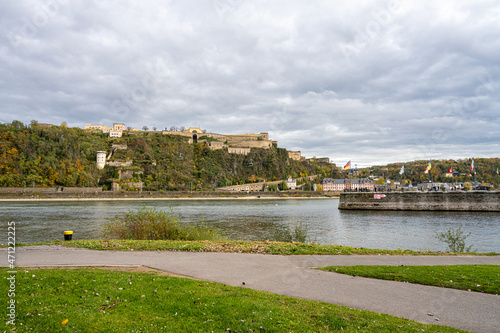 Koblenz were rivers Rhein and Mosel meet. In the foreground the German Corner, a symbol of the unification of Germany with an statue of Emperor William I. In the background the Ehrenbreitstein castle © Dan