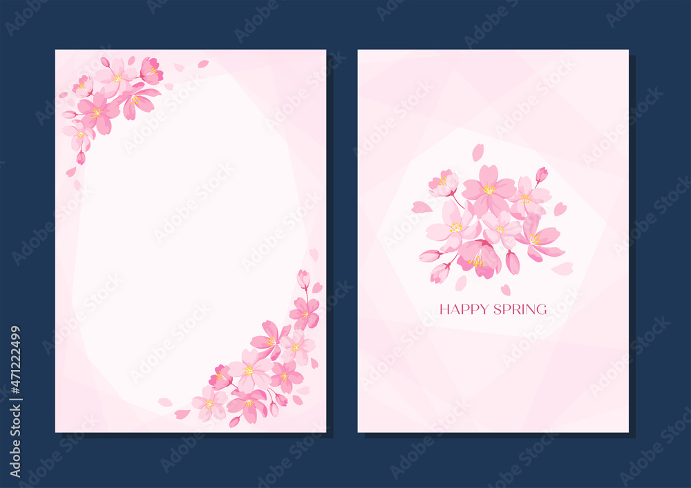 桜の花の装飾フレーム　2点セット　デザイン用のベクター素材　ピンクの背景