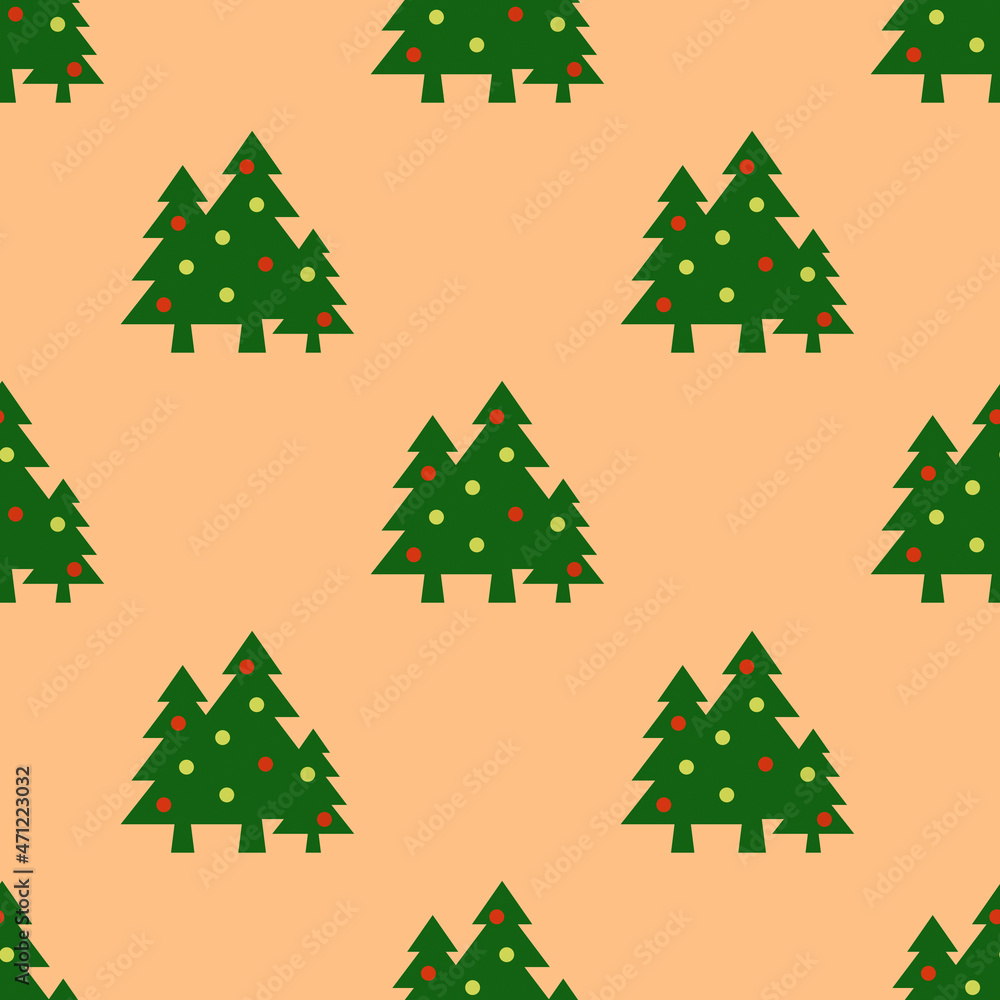 Seamless pattern. Image of green Christmas trees with balls on pastel yellow orange background. Symbol of New Year and Christmas. Template for application to surface. 3D image. 3d rendering Seamless pattern. Image of green Christmas trees with balls on pastel yellow orange background. Symbol of New Year and Christmas. Template for application to surface. 3D image. 3d rendering