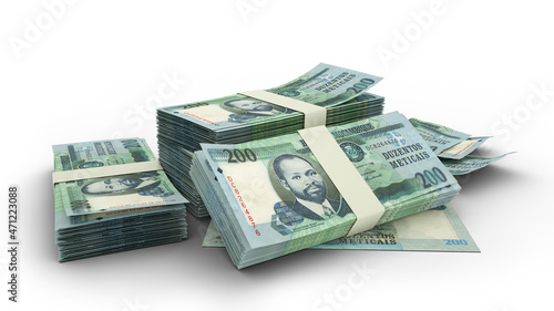 3D Stack of 200 Mozambican metical notes isolated on whited background