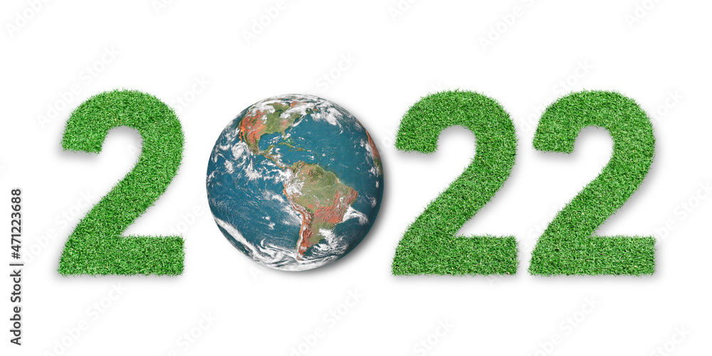Green earth 2022. New Year 2022 made of green grass with globe isolated on white background. Earth environment day concept. Green earth 2022. New Year 2022 made of green grass with globe isolated on white background. Earth environment day concept.