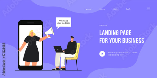 Girl with megaphone on phone screen inducting man give feedback. Male person sitting with laptop flat vector illustration. Opinion, reaction concept for banner, website design or landing web page.