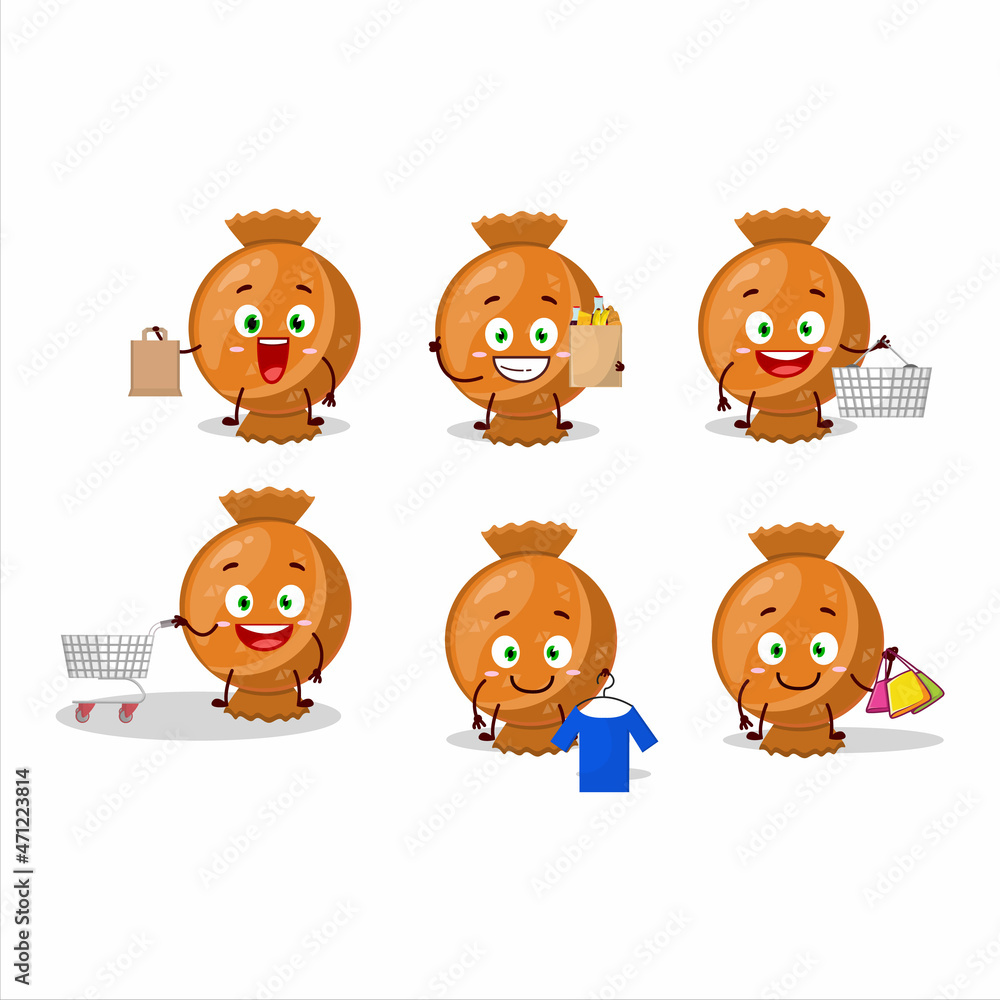 A Rich orange candy wrap mascot design style going shopping