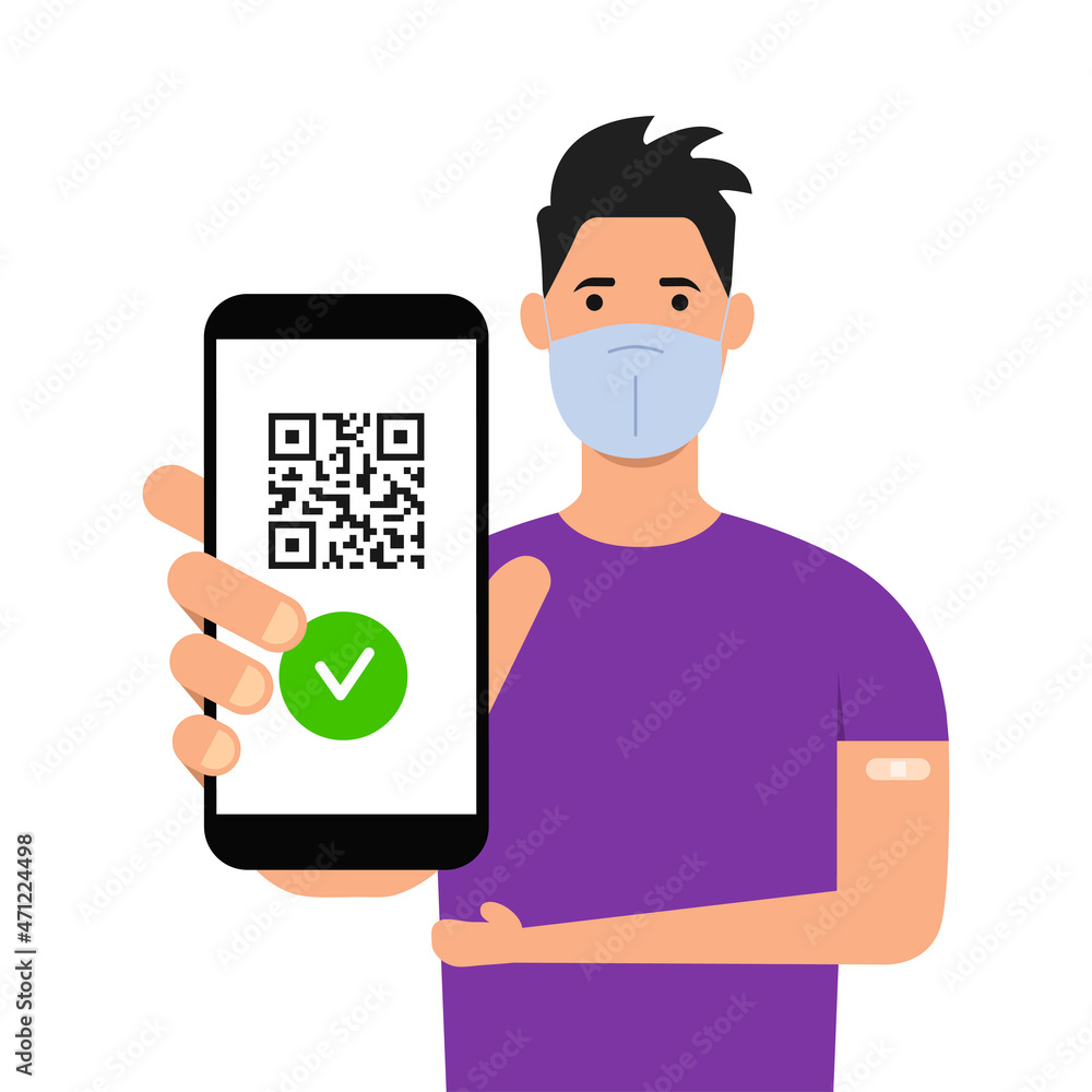 Vaccinated man with vaccine passport on smartphone screen. Green immunity certificate. Health passport on digital screen with QR code. Flat style. Vector illustration