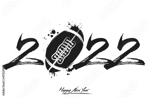 Numbers 2022 and a abstract football ball made of blots in grunge style. Design text logo Happy New Year 2022. Template for greeting card, banner, poster. Vector illustration on isolated background
