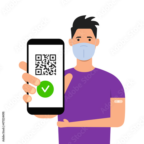 Vaccinated man with vaccine passport on smartphone screen. Green immunity certificate. Health passport on digital screen with QR code. Flat style. Vector illustration