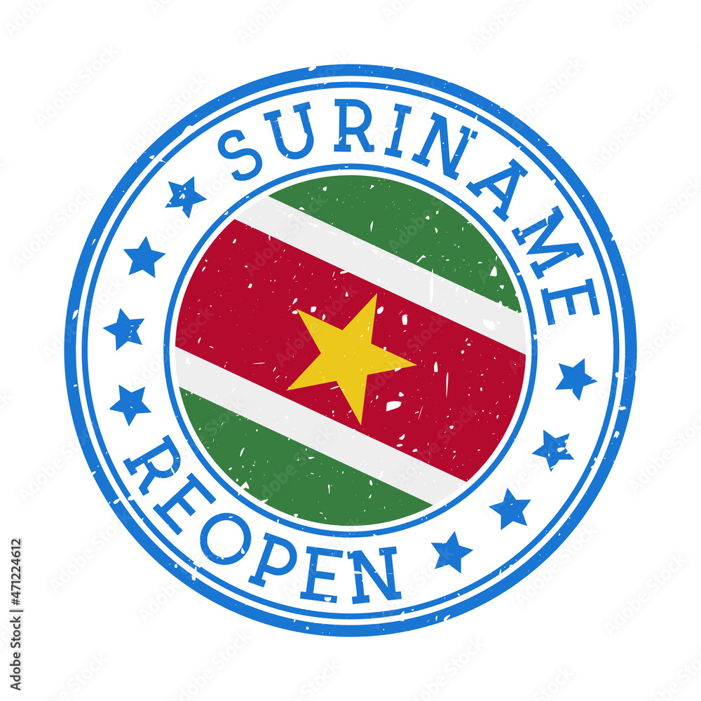 Suriname reopening stamp. Round badge of country with flag of Suriname. Reopening after lockdown sign. Vector illustration. Suriname reopening stamp. Round badge of country with flag of Suriname. Reopening after lockdown sign. Vector illustration.