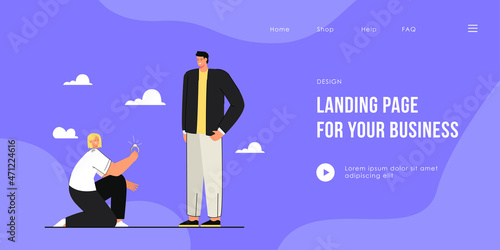 Girl proposing to man flat vector illustration. Girlfriend kneeling and offering engagement ring to boyfriend. Role reversal, feminism, love concept for banner, website design or landing web page