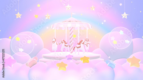 3d rendered sweet carousel rainbow world.