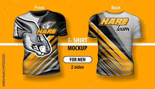 T-shirt for man front and back with Hare team logo. Mock-up for double-sided printing, layered and editable.
