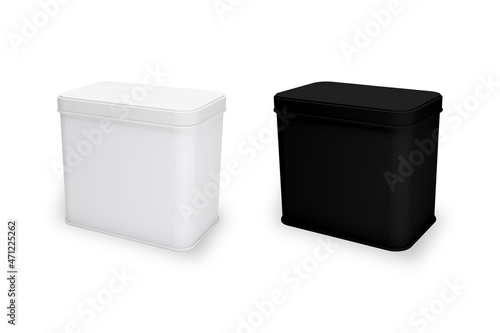Blank White and Black metal container isolated on white.Blank square metallic tin box food container for packaging design mock up. 3d rendering. © Leyla