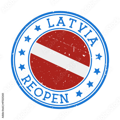 Latvia reopening stamp. Round badge of country with flag of Latvia. Reopening after lockdown sign. Vector illustration.
