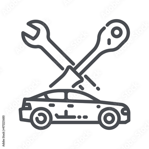 Vector line icon of a service repair tools wrench and a car side view isolated