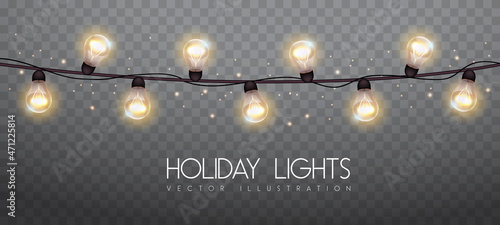Vector garlang of gold or yellow lamps on transparent background. Holiday string of lights vector illustration