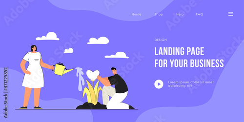 Couple planting heart shaped flower together. Flat vector illustration of lovers watering plant. Romantic relationship, love concept for banner, website design or landing web page.