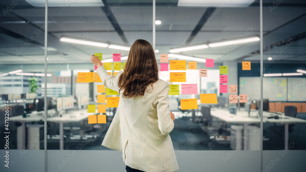 Young Confident Businesswoman Creating Project Plan on Office Wall with Paper Notes. Stylish Beautiful Manager Working on Business, Financial and Marketing Projects. Specialist in Diverse Team. - obrazy, fototapety, plakaty 