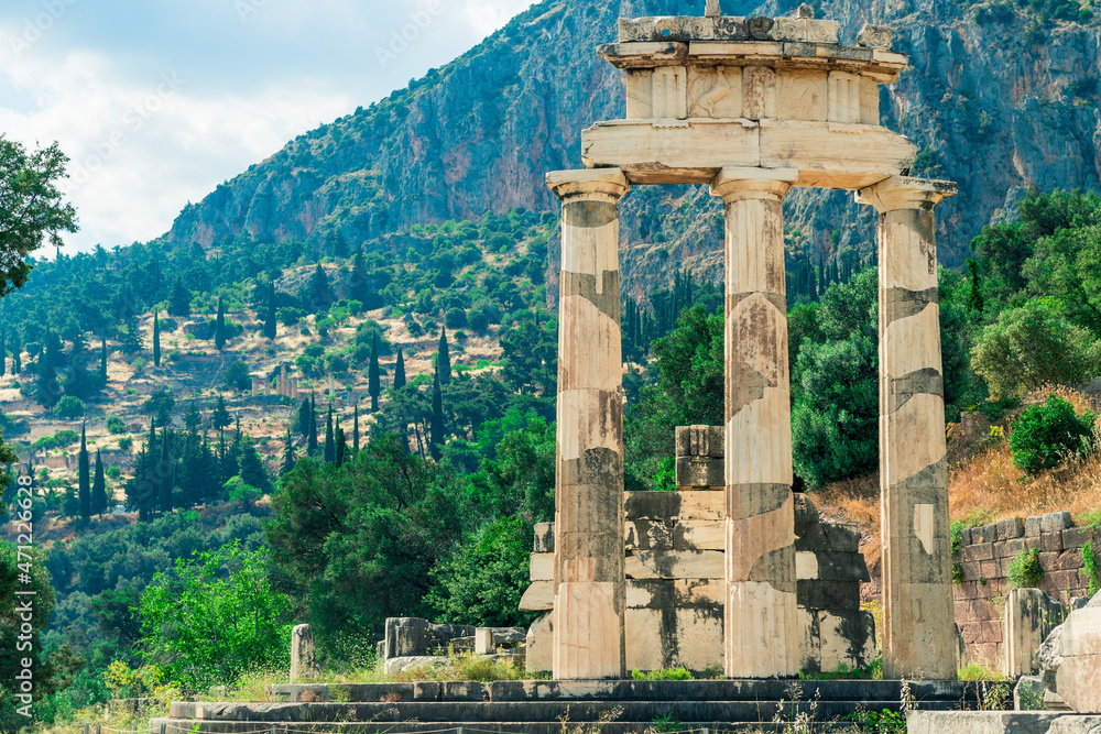 Ruins of an ancient greek temple of Athena at Delphi, Greece
