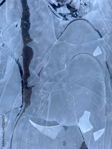 Ice fragments in top view. Ice surface for background
